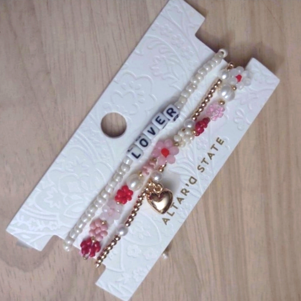 Altard State Valentines Pink Red Floral Bead Gold Heart Bracelet Y2k 25$